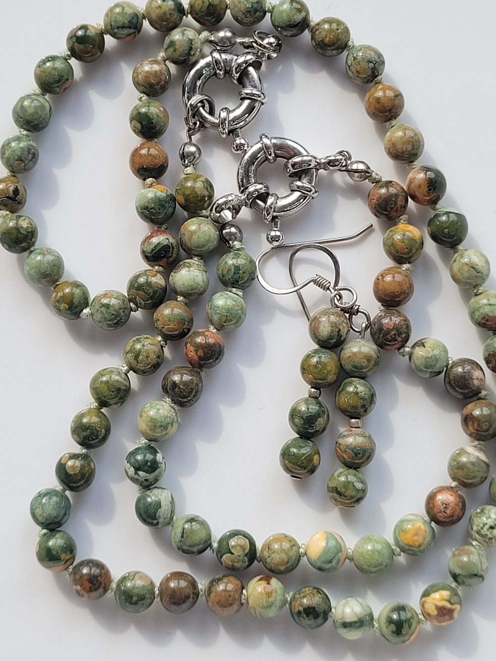 Natural Green Jasper Beaded Jewelry Set Necklace Bracelet Earrings Boho Fall